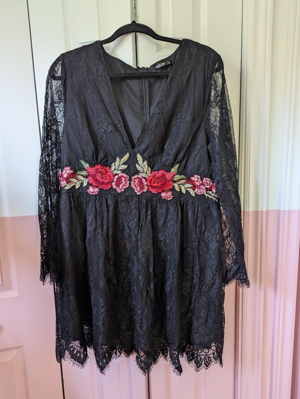 Black Lace Dress with Red Floral Embroidery